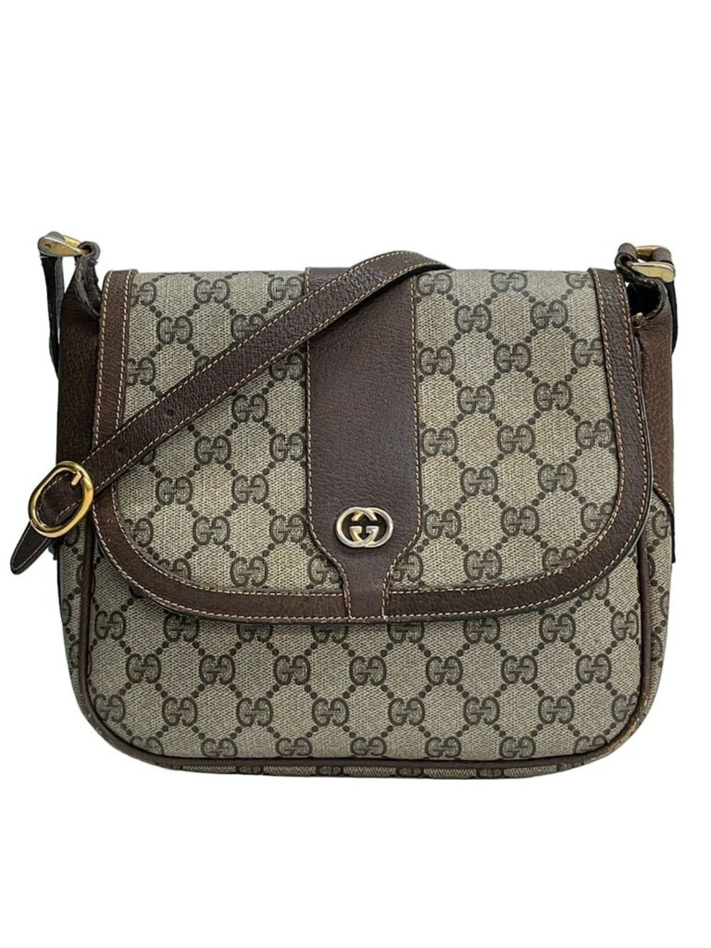Gucci Shoulder Bag Vintage GG Pattern Beige Dark Brown Leather
